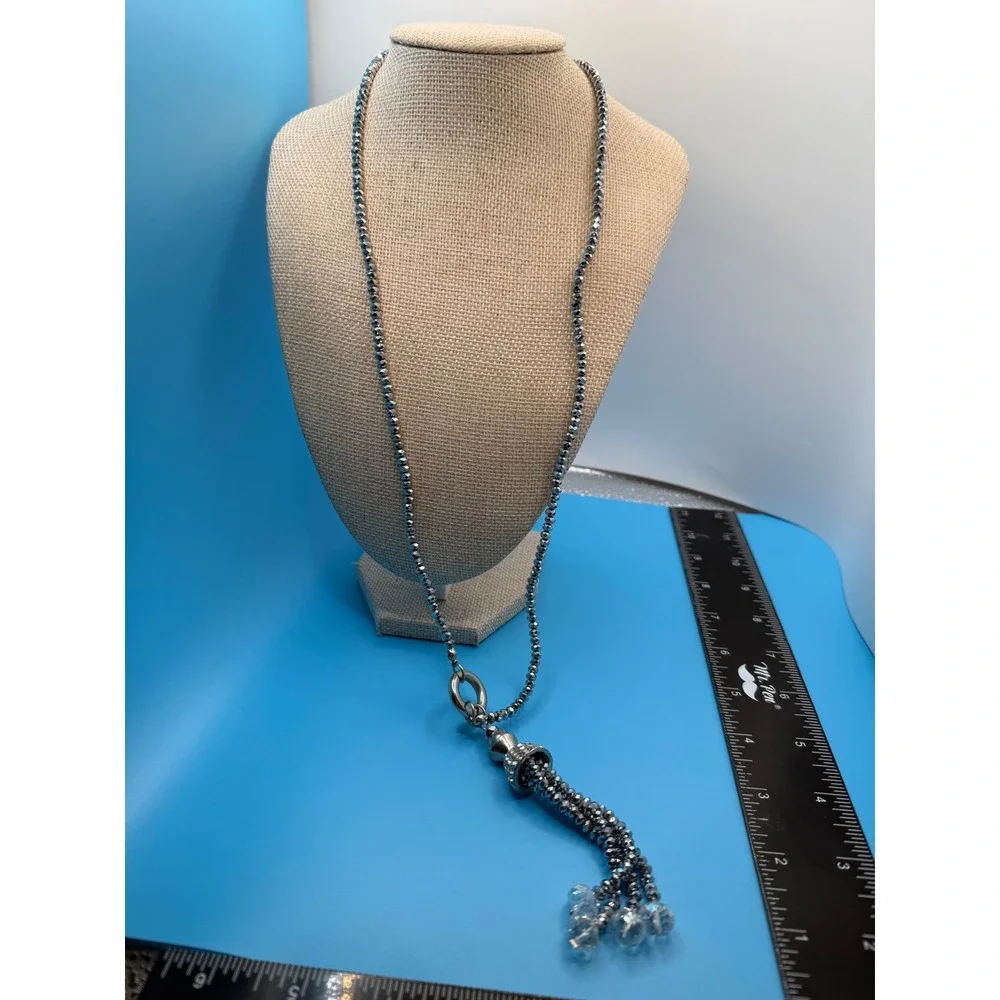 Gunmetal Grey Faceted Bead‎ Tassel Lariat Necklace Rhinestone Iridescent Crystal
